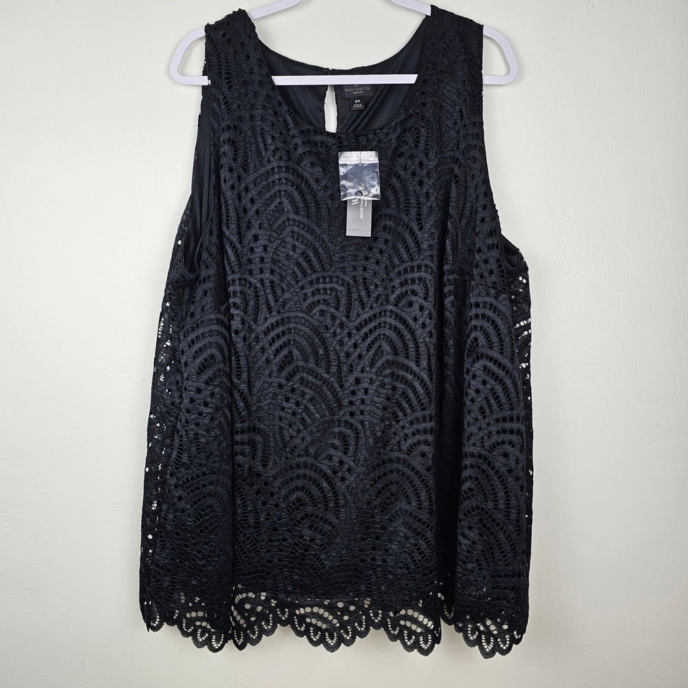 Worthington Top Women 3X Black Lace Sleeveless Keyhole Back Scalloped Hem Lined